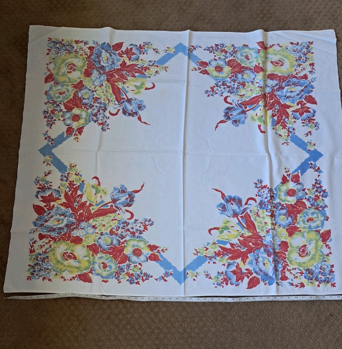 Vintage Floral Print Tablecloth RED/BLUE/YELLOW Hand PRINTED 52X45