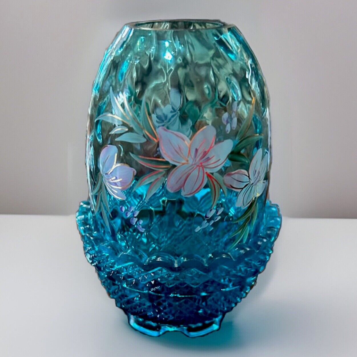 Fenton Hand Painted Fairy Lamp Signed JK Spindler  Light Blue Glass