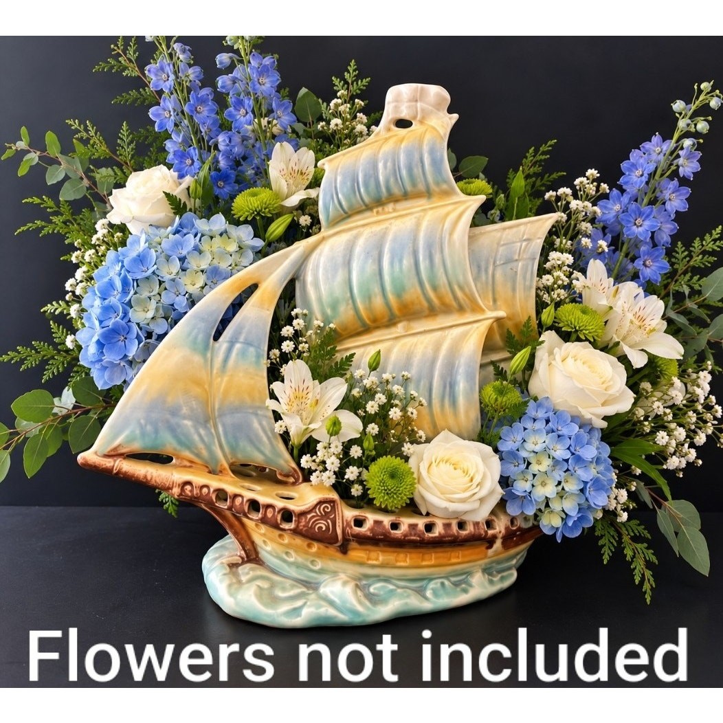 Vintage E&R Erphila Czechoslovakia Sailing Ship Flower Frog Vase 12 in