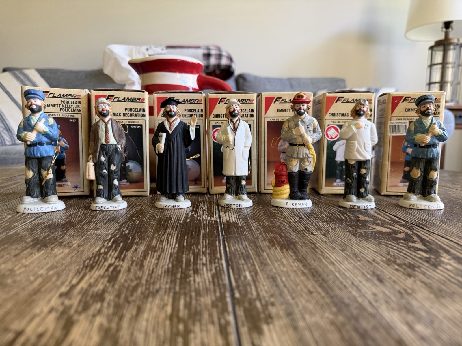 Emmett Kelly Jr Professional Series Clown Porcelain Christmas Ornaments Set of 7