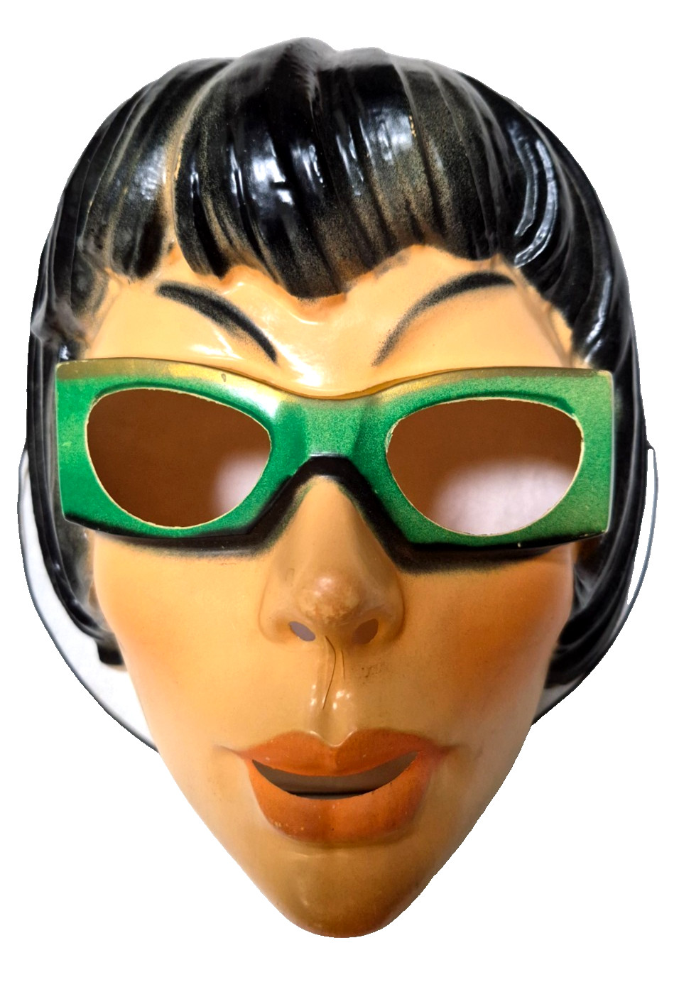 Vtg Bayshore 60s woman beatnik Halloween mask hipster green glasses pink lip