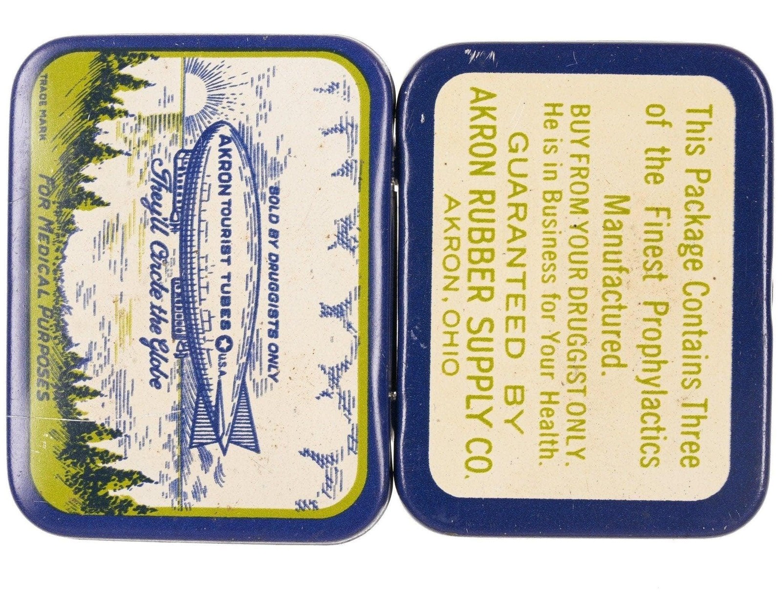 1920's Antique Akron tourist tubes Zeppelin Litho Vintage Prophylactics Tin
