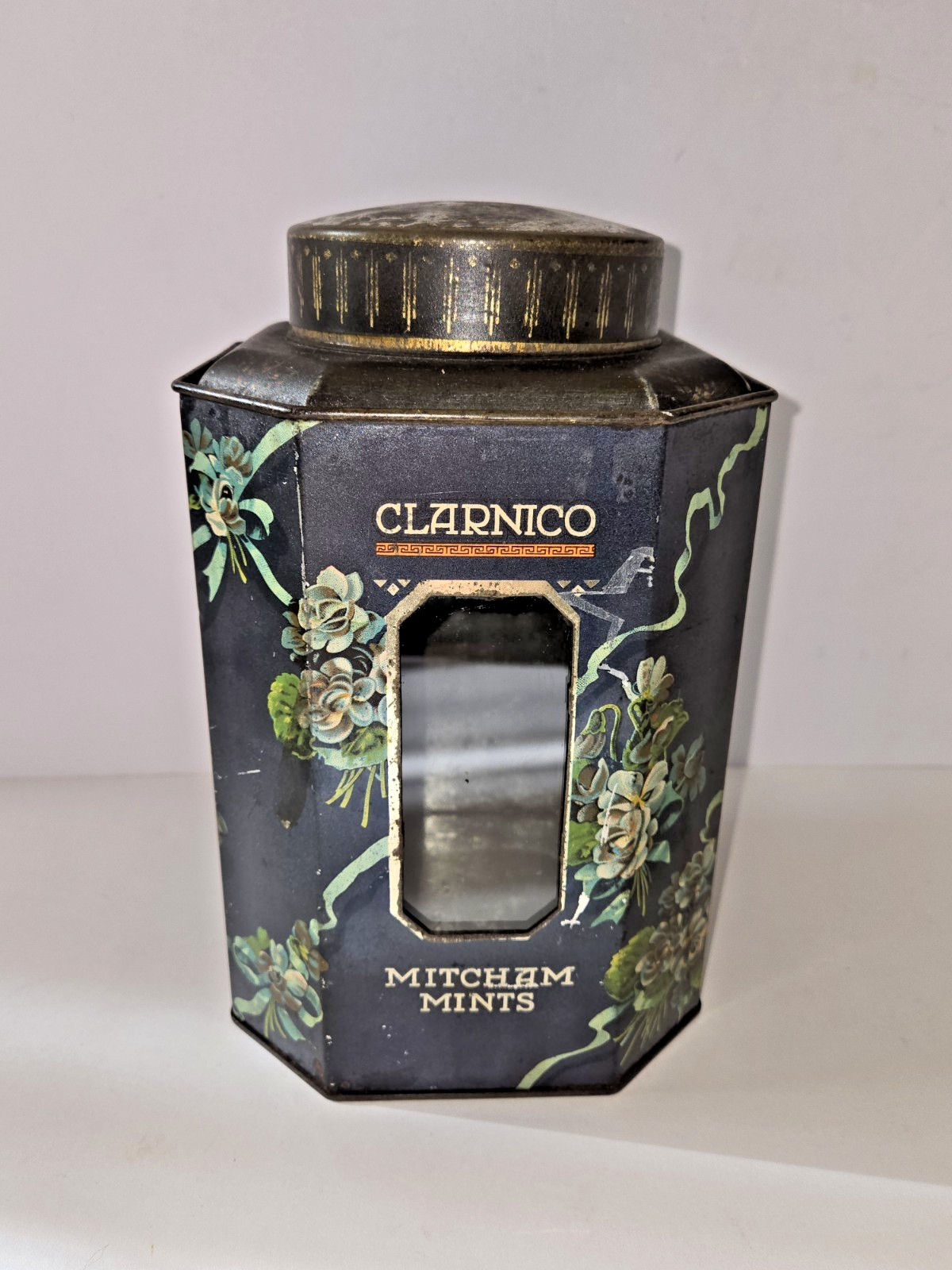 Vintage Clarnico Mitcham Mints Octagonal Shop Display Tin Glass Front 1910s 20s