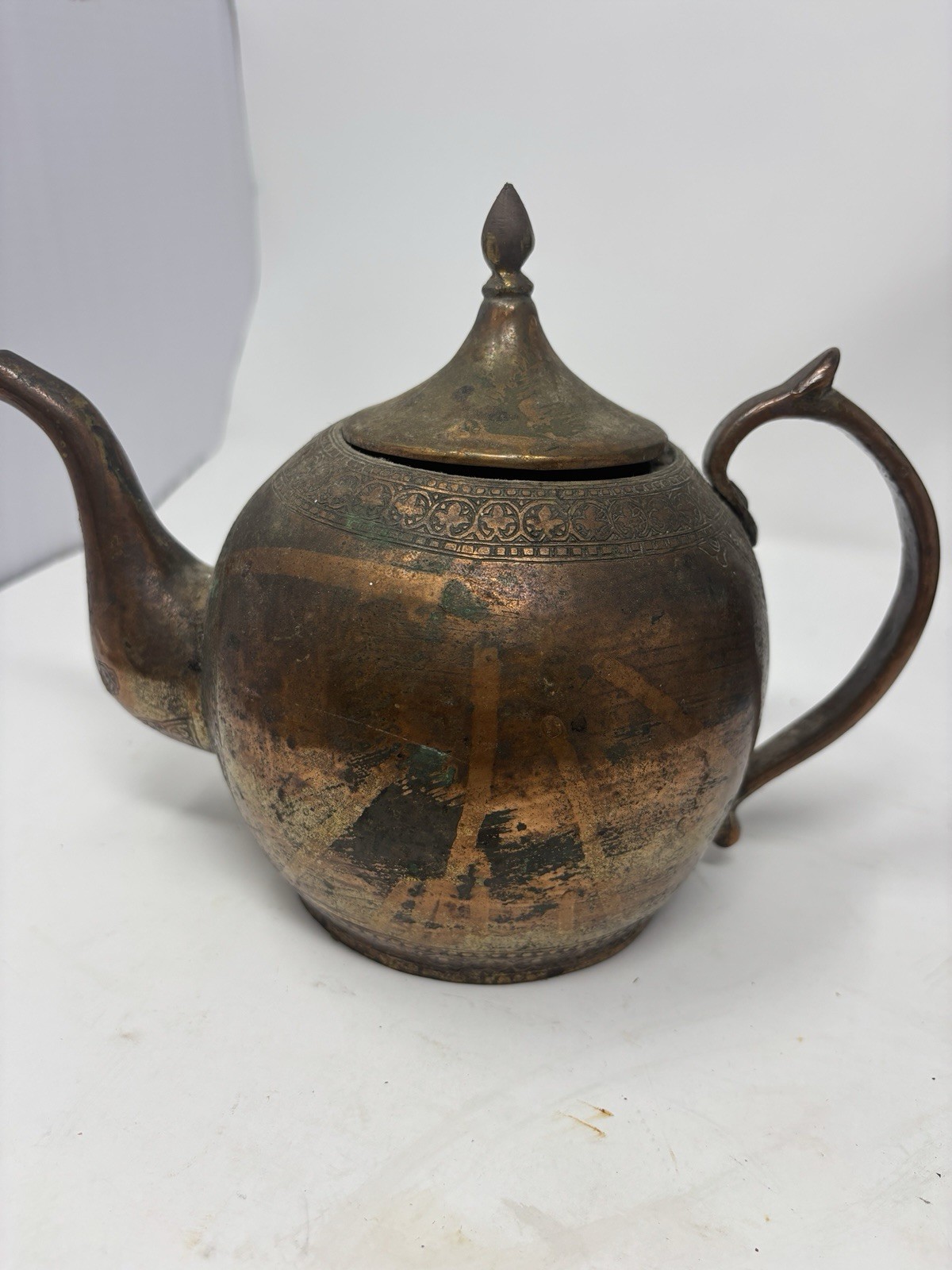 vintage Indo Persian tin copper teapot Floral And Geometrical Chisel Metal Work