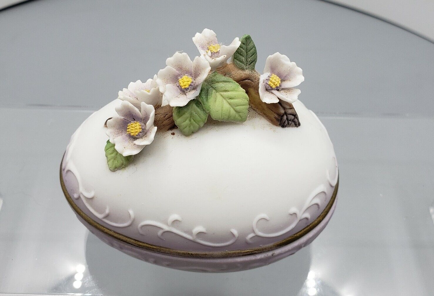 Lefton Porcelain Easter Egg Trinket Box Violets Bisque Japan Floral Minature 