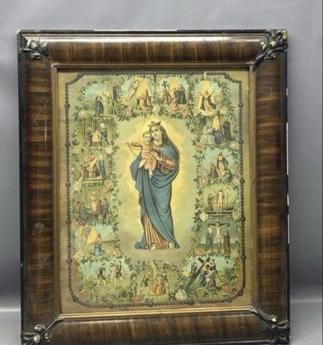 VNT GERMAN OUR LADY OF ROSARY FATIMA LITHOGRAPH Print Frame Damage 26x23 Madonna