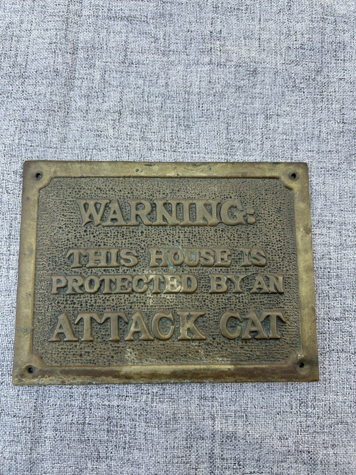 Vintage Brass Warning Protected by Attack Cat Plaque Beware Entry Sign Heavy