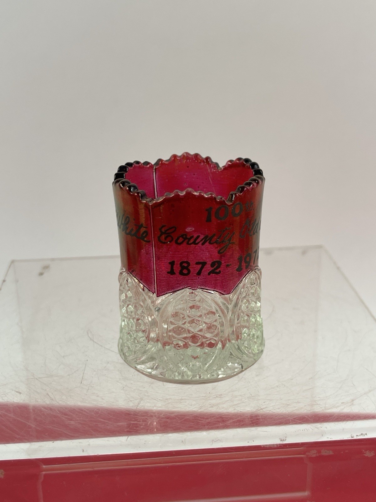 1872-1972 White County Settlement Ruby Flashed Glass 2-1/4\