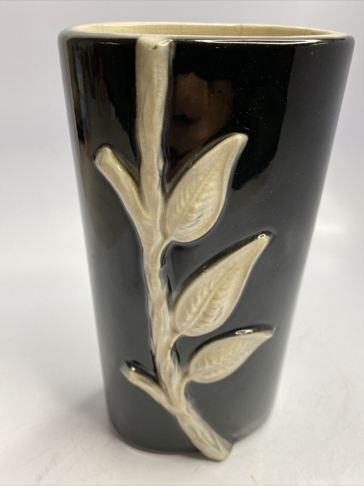 Vintage Royal Copley Black Vase w/ Ivory Color 3D Branch & Leaf Art