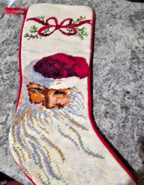 Vtg Needlepoint Christmas Stocking Santa Claus Bow Velvet Back Red Cream Large