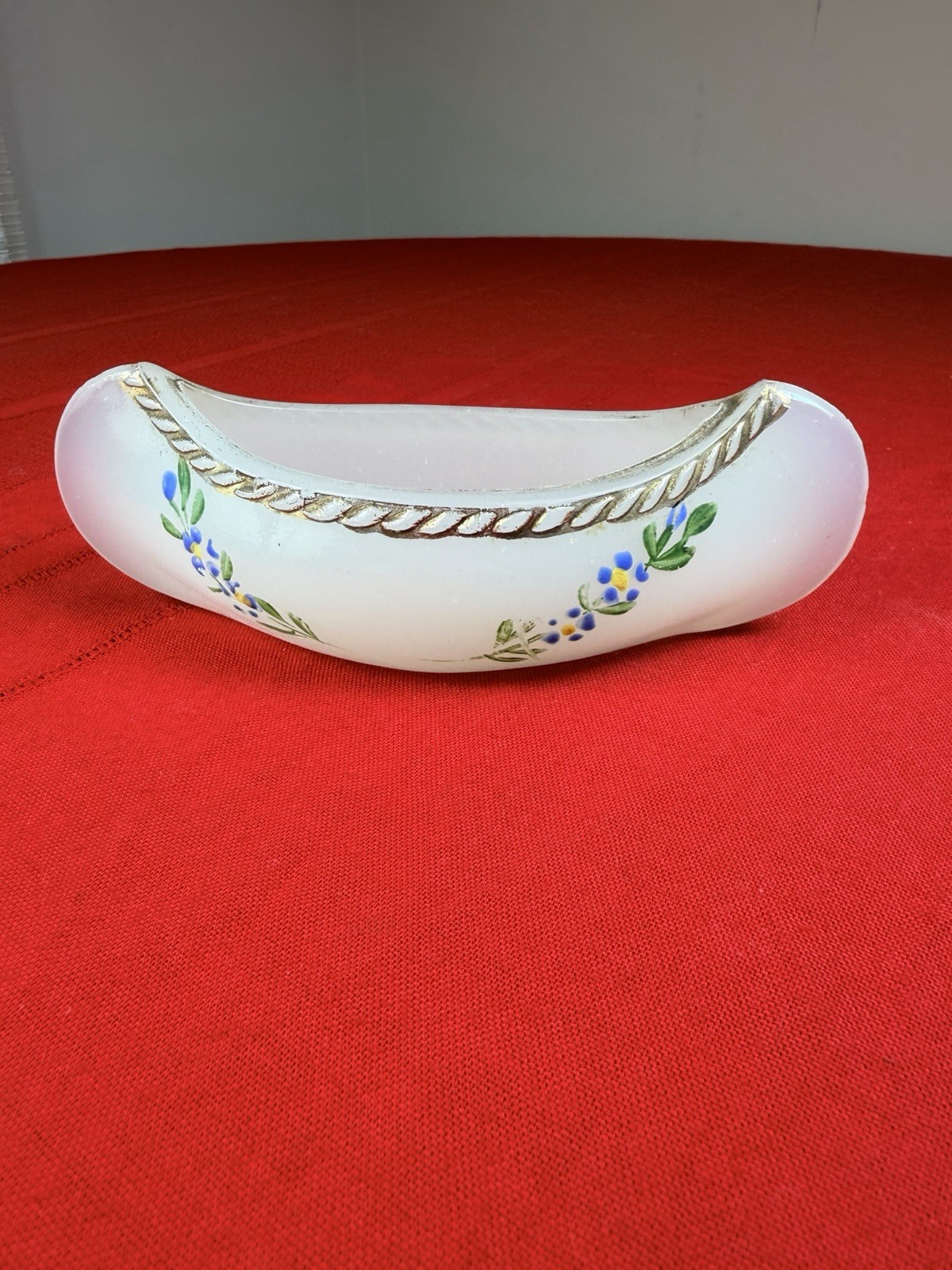 Antique EAPG Clambroth Glass Canoe Souvenir Trinket Dish Hand Painted Floral 6\