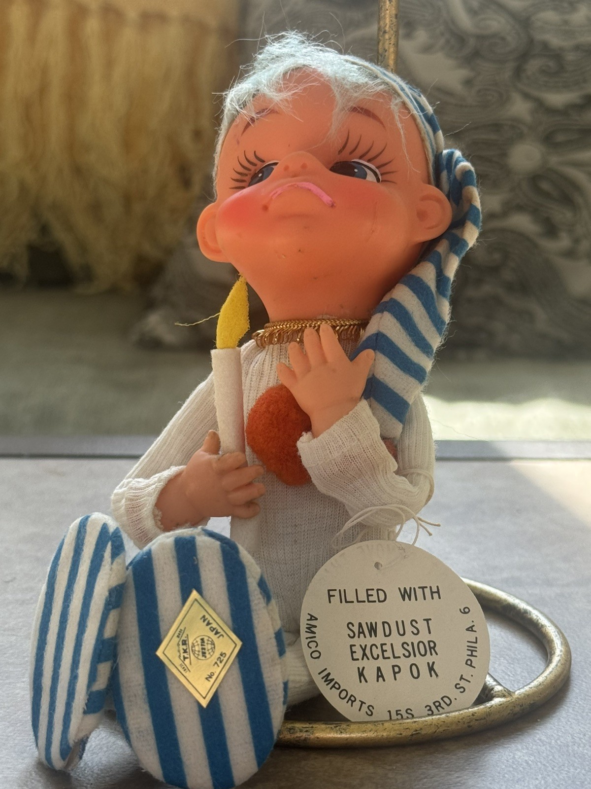 Vintage NOS Elf Pixie JAPAN Pajamas Blue Stripes and Hair Candle Knee Hugger