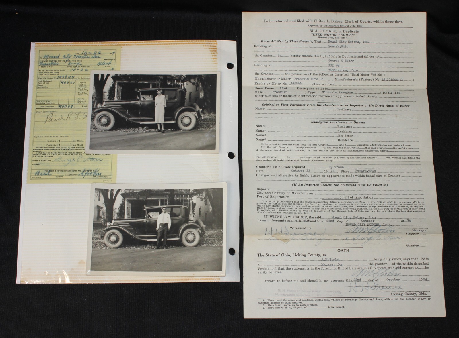 1930 Franklin Victoria Brougham 145 Bill of Sale, Receipt, + 2 Original Photos