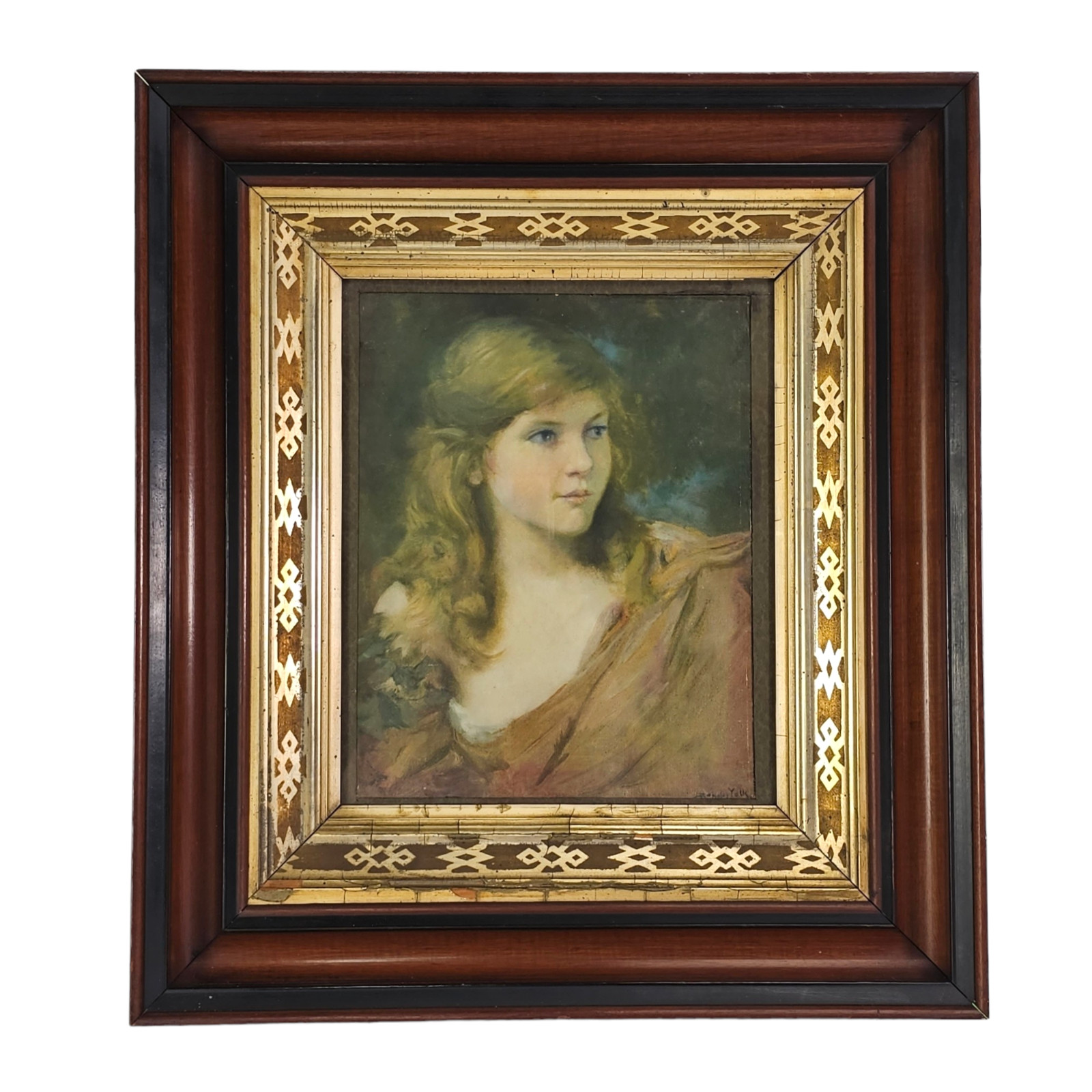 Aesthetic Movement Solid Walnut Frame Gilt Gesso Liner w/ Portrait Print c1900