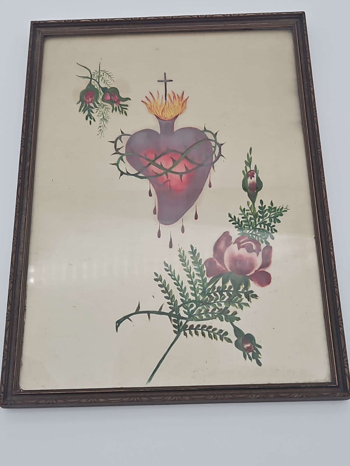 Antique Sacred Heart of Jesus Original Painting Religious Art Framed On Silk Antique Sacred Heart of Jesus Original Painting Religious Art Framed On Silk