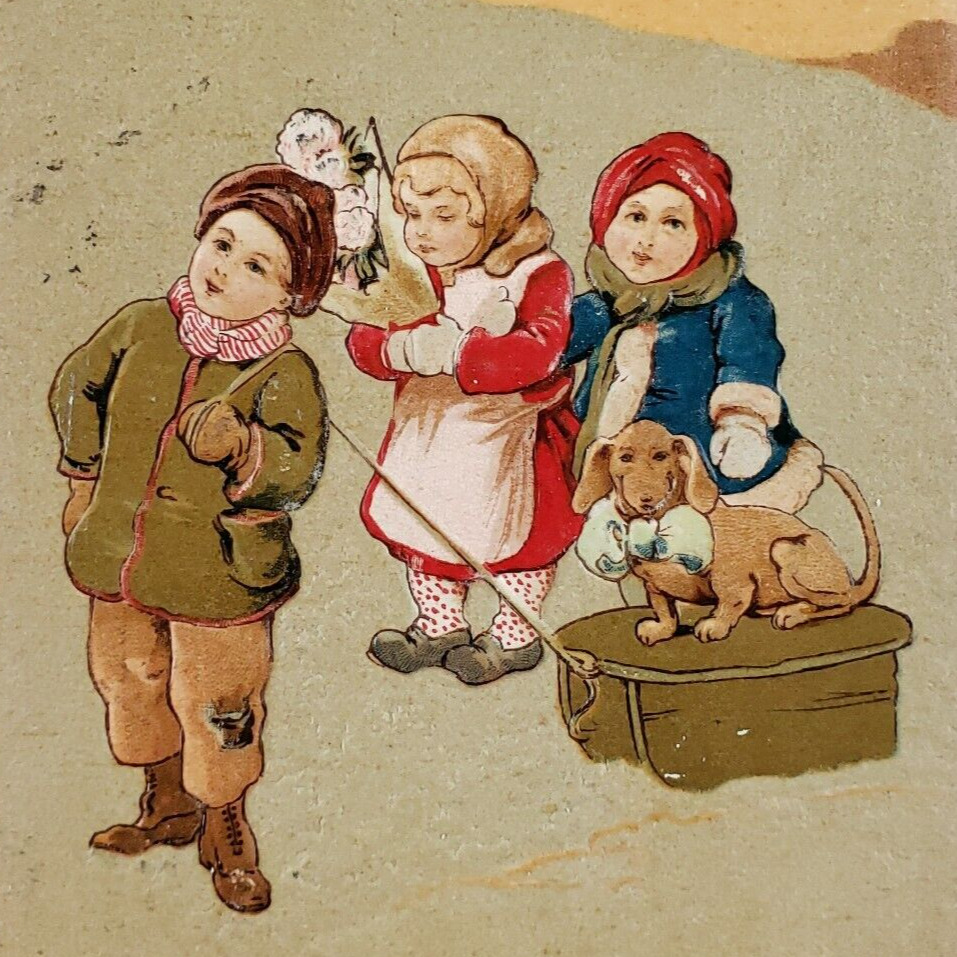 Dachshund Sled Dog Christmas Postcard c1911 Children Embossed Flowers Art A1334