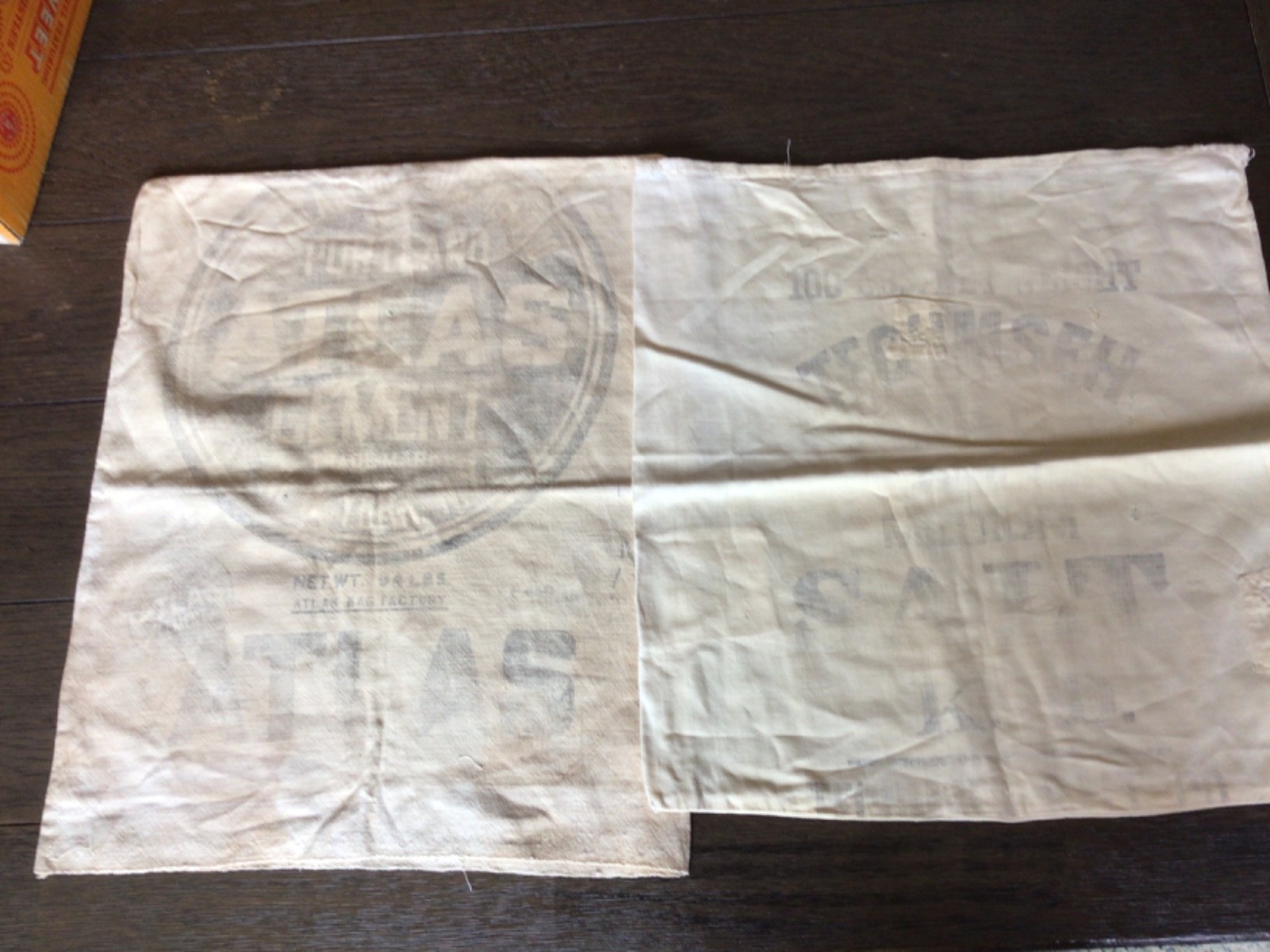 Vintage 100lb Tecumseh Salt Cloth Sack & Atlas Portland Cement 94lb Cloth Sack