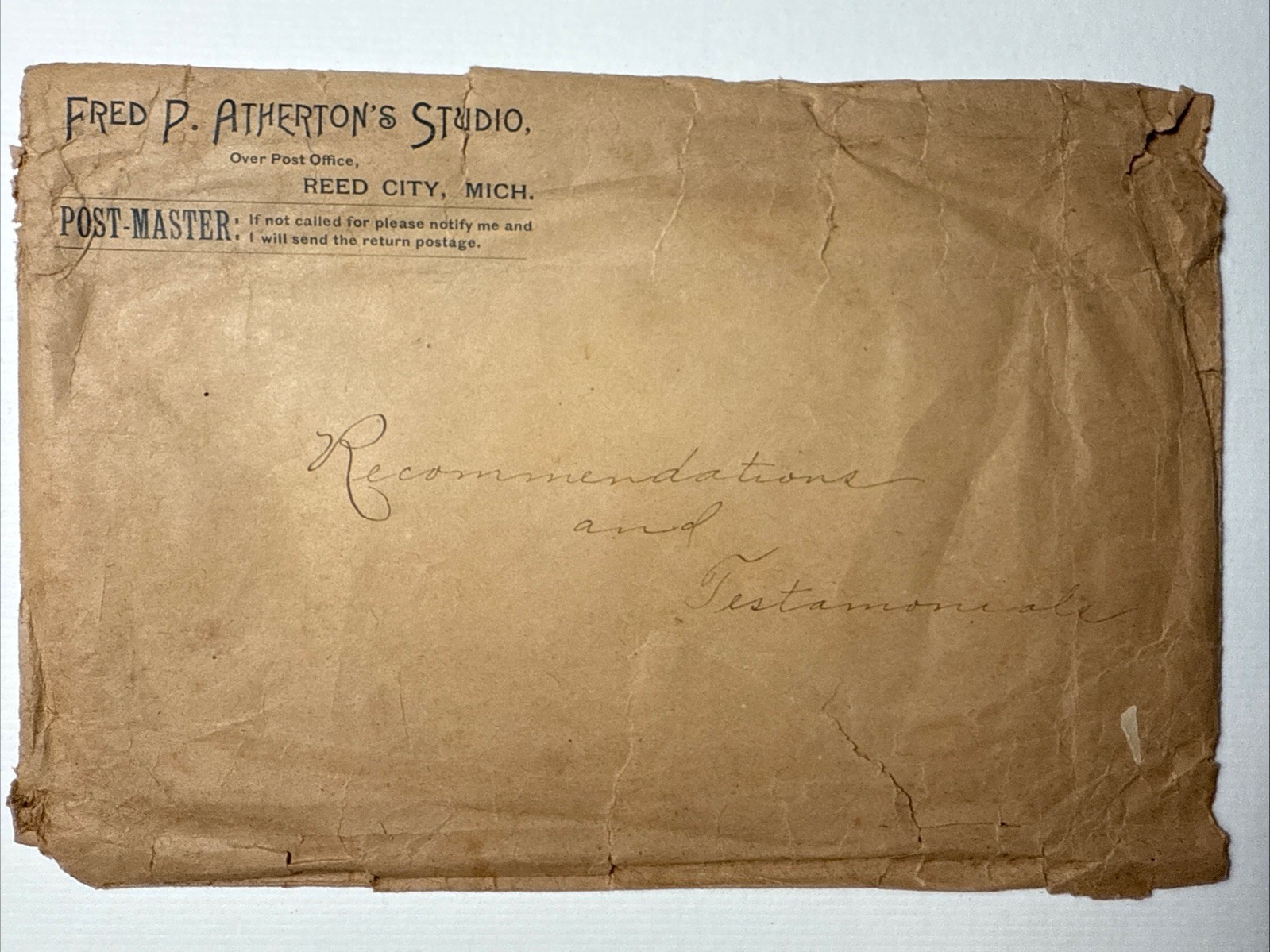 Reed City Michigan c.1900 Fred P. Atherton’s Studio Photography vtg Envelope