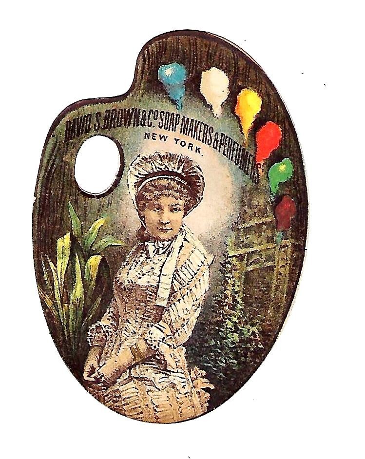 c1890 Trade Card D.S. Brown & Co. Toilet Soaps, Lawn Lilac Palette Die-Cut