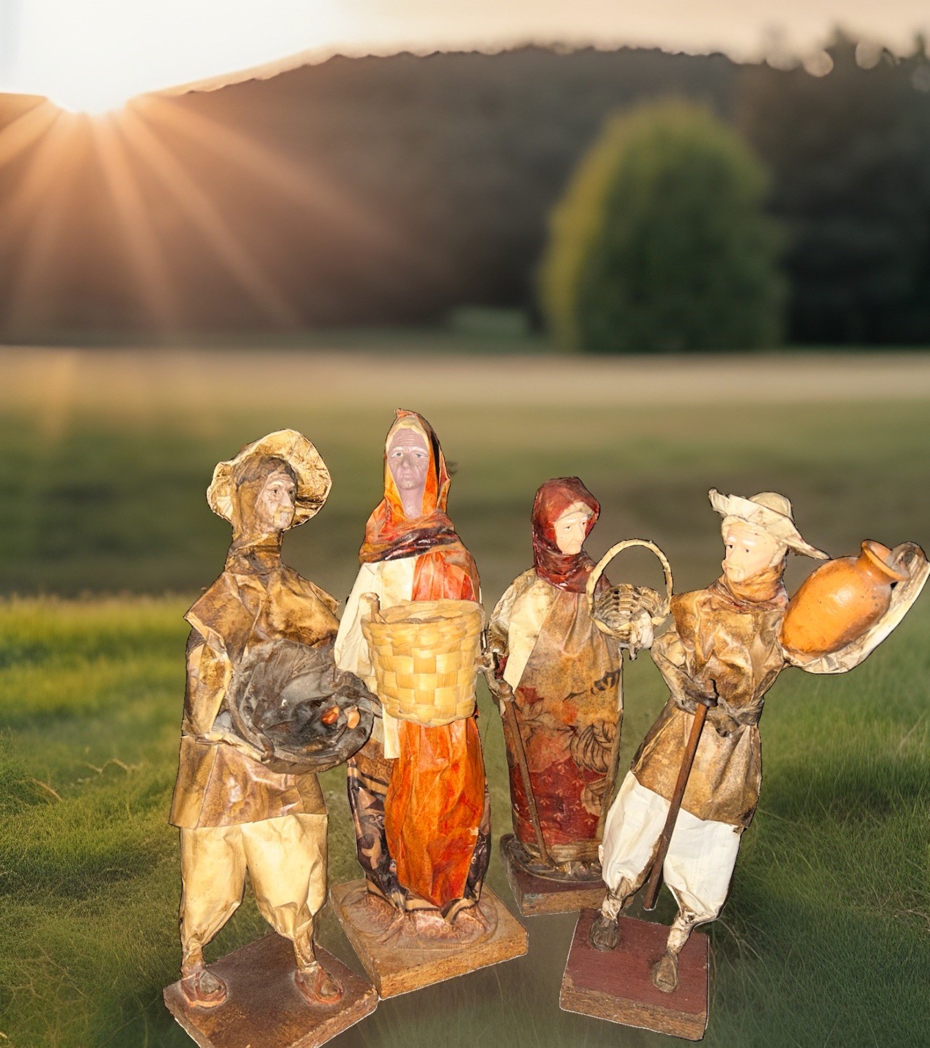 4 Vintage 70’s Mexican Folk Art Paper Mâchè Villagers. Peasants. 13” 11.5”