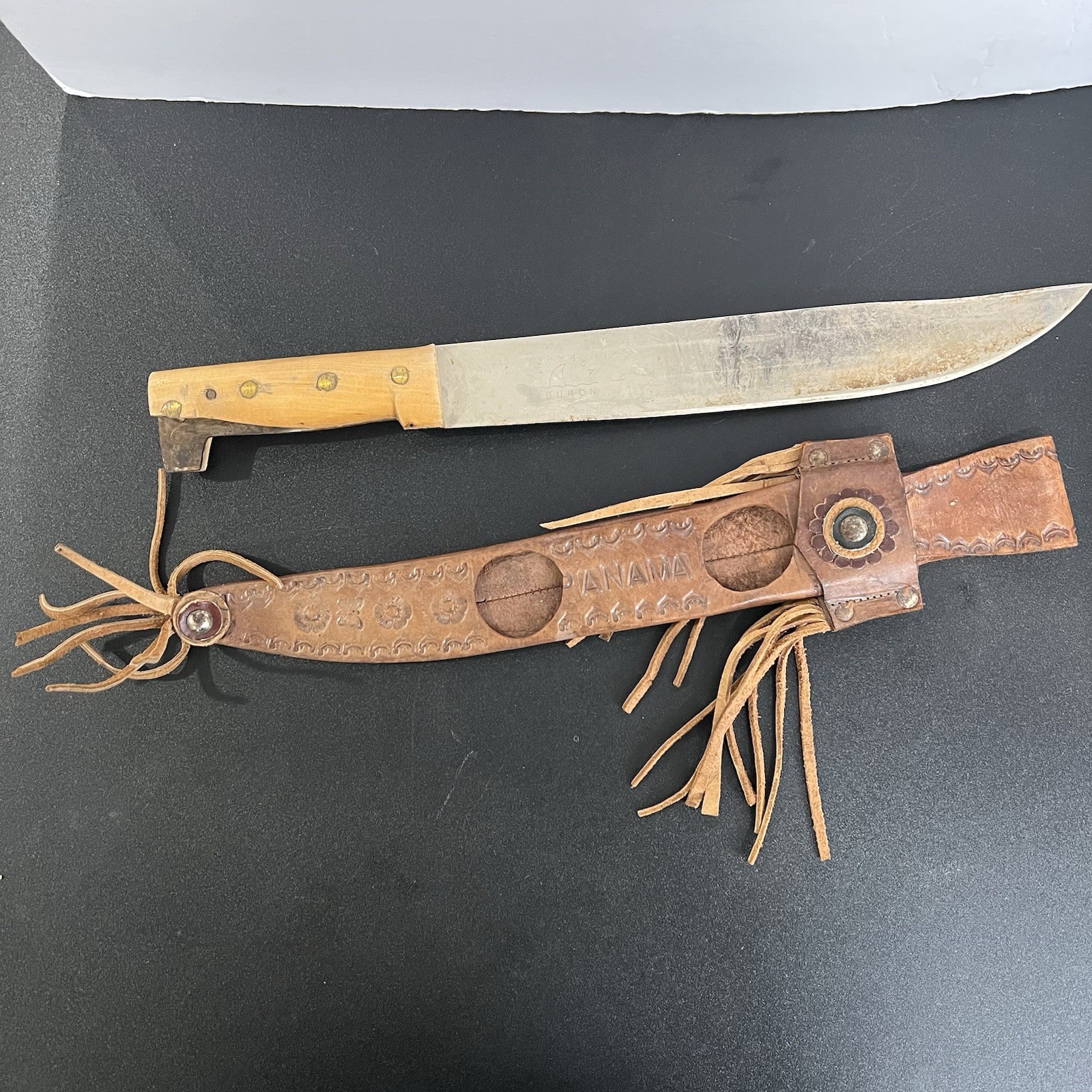 Vintage Imacasa Tiburoe USA Panama Machete with Leather Sheath 18in