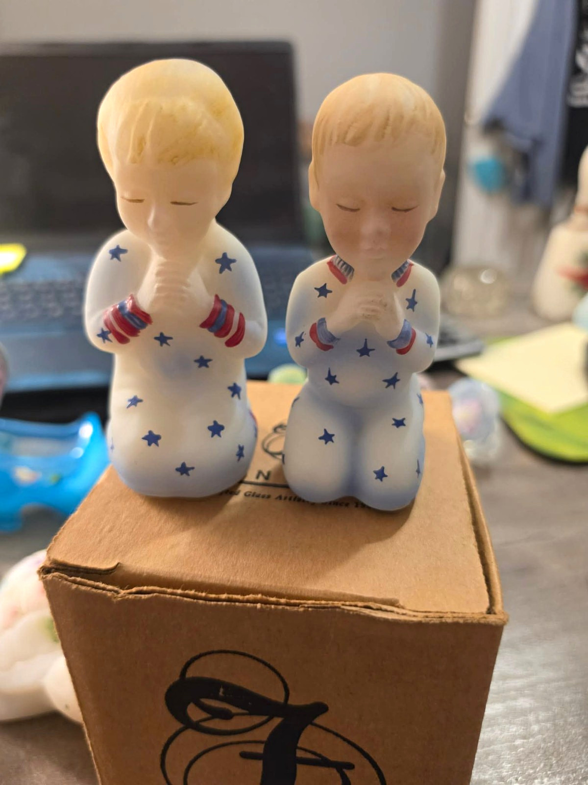 Fenton Praying Kneeling Child Figurines Blonde Star Pajamas Red White Blue Boxed