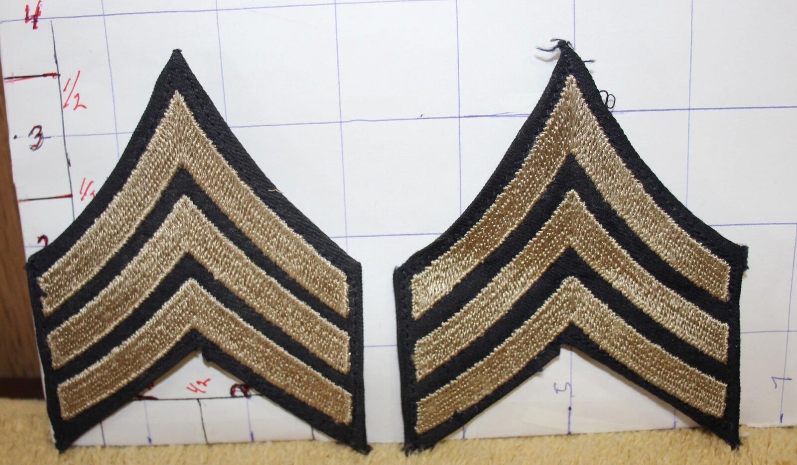 PAIR WW II U.S. ARMY & USAAF SERGEANT GOLD EMBROIDERED SLEEVE CHEVRONS ON TWILL