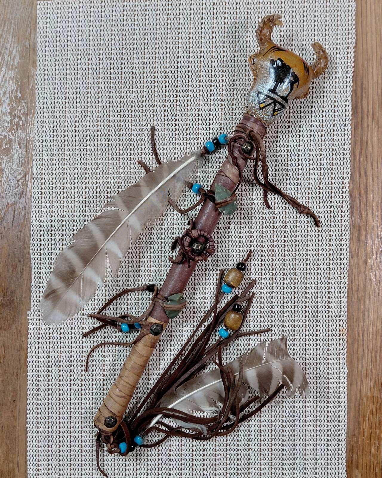 Handmade Buffalo Dance Rattle Native American Painted Feathers & Turquoise Beads