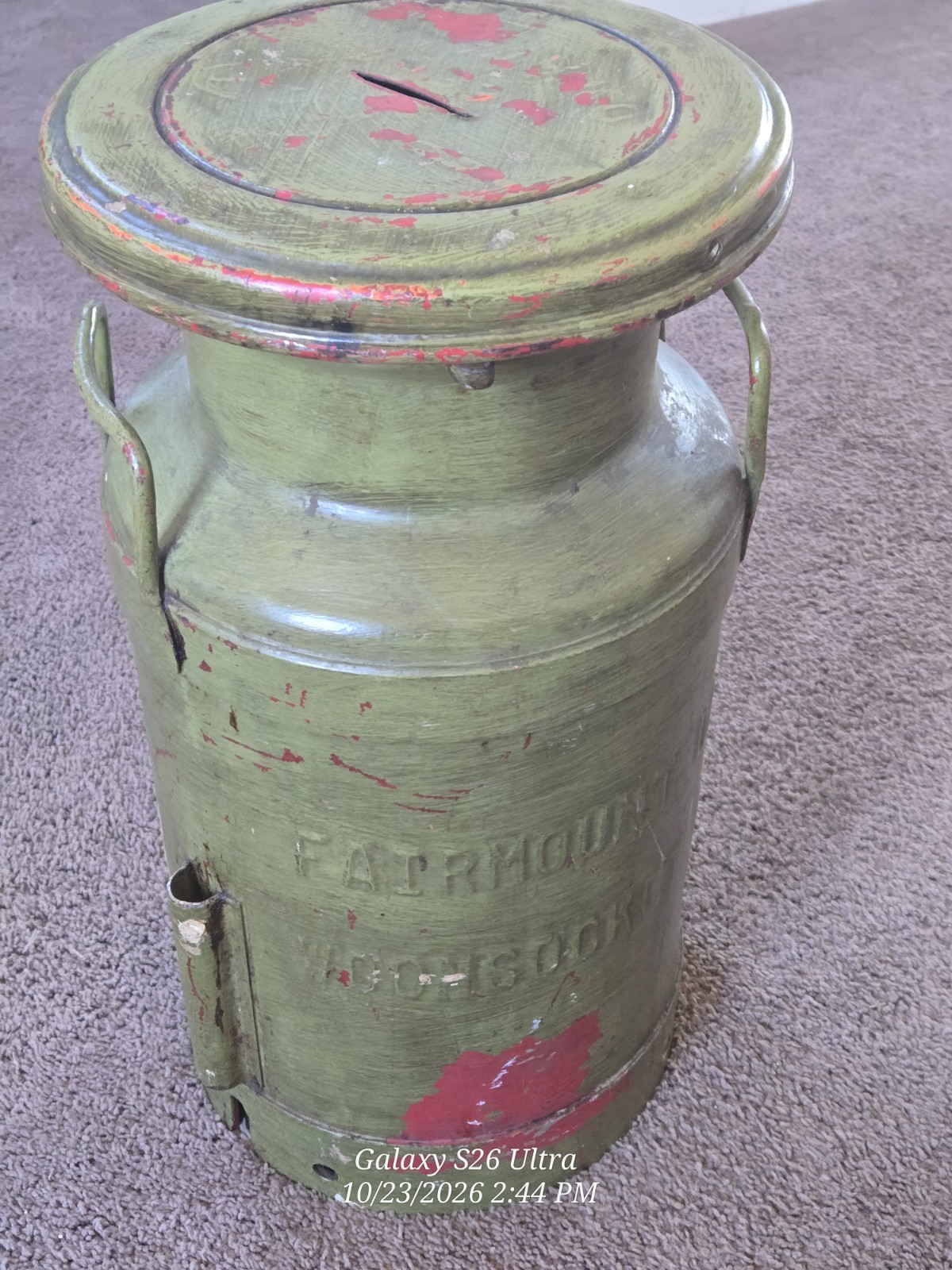 Vintage Green Metal Milk Can Bottle w/ Lid & Farmhouse Decor Bank Conversion Vintage Green Metal Milk Can Bottle w/ Lid & Farmhouse Decor Bank Conversion