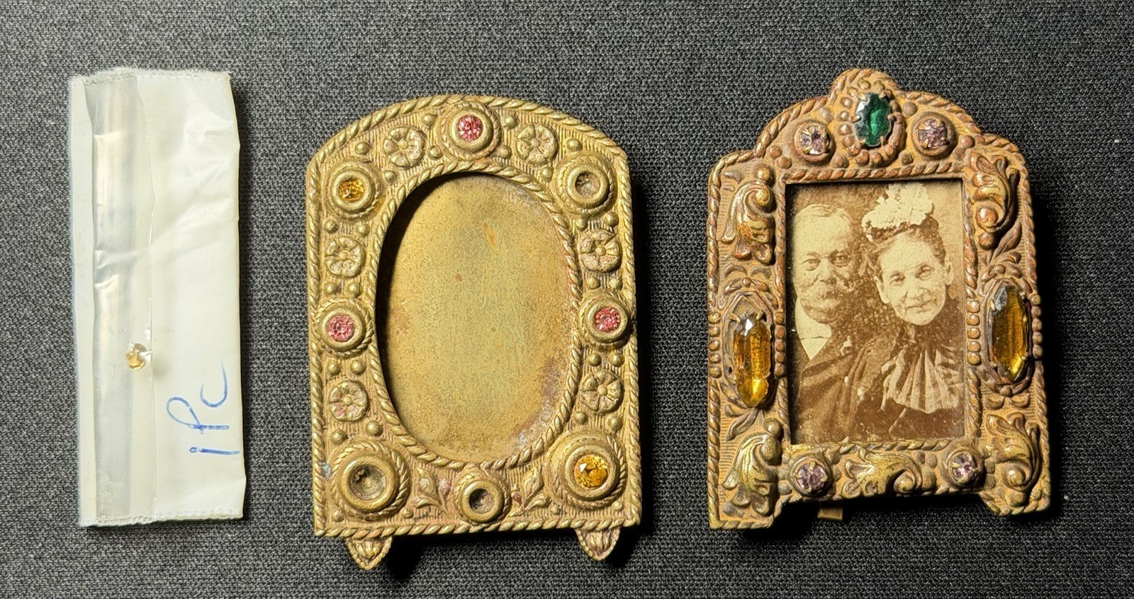 Antique Czech Jeweled Miniature Picture Frame Gold Tone Glass Gemstones Lot