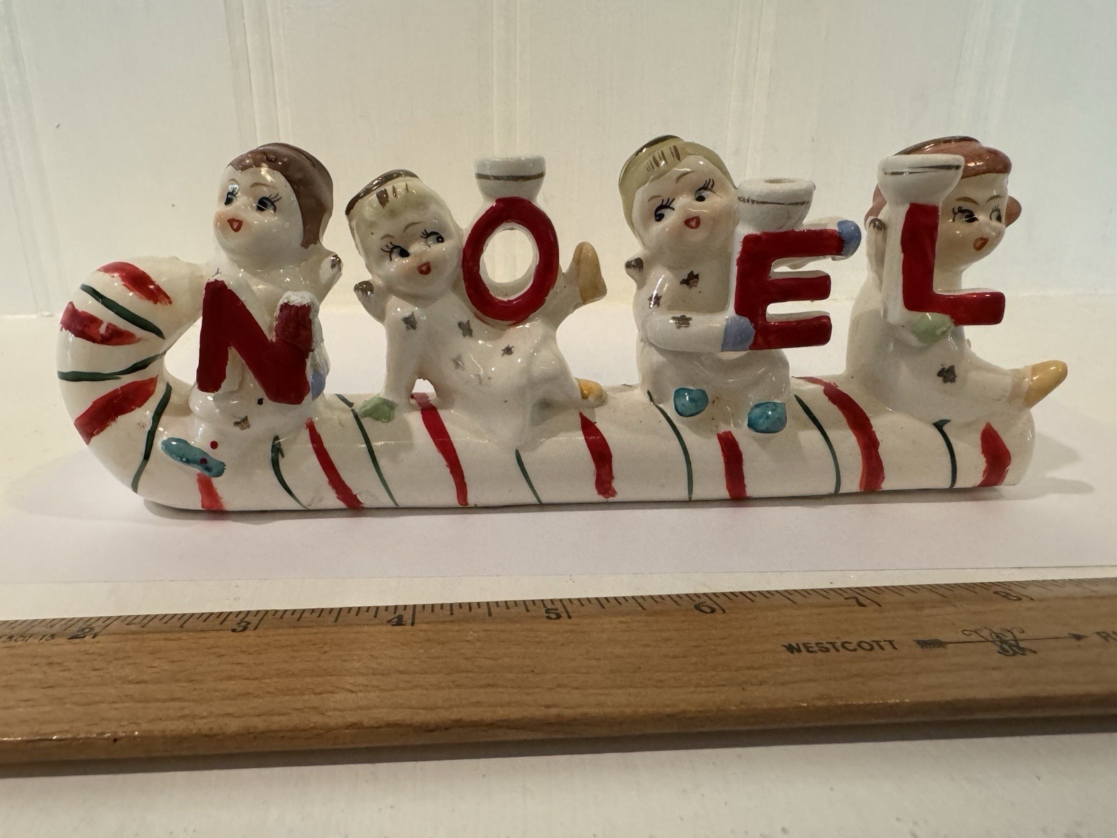 Vintage Relco Christmas Ceramic Kids On A Candy Cane NOEL