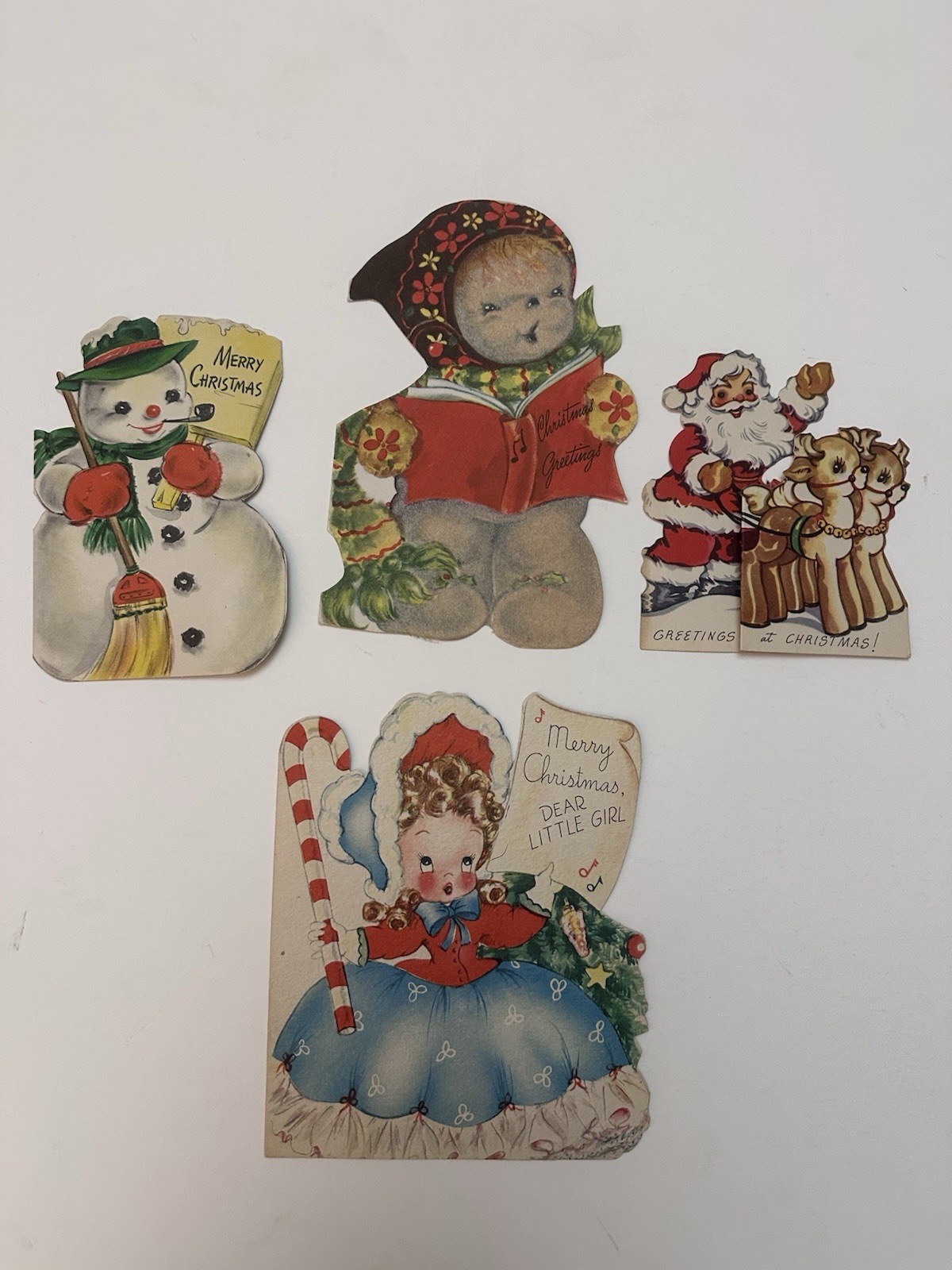 Mid Century Die-Cut Christmas Greeting Card Lot 4 Santa Snowman 1940s-50 Mid Century Die-Cut Christmas Greeting Card Lot 4 Santa Snowman 1940s-50