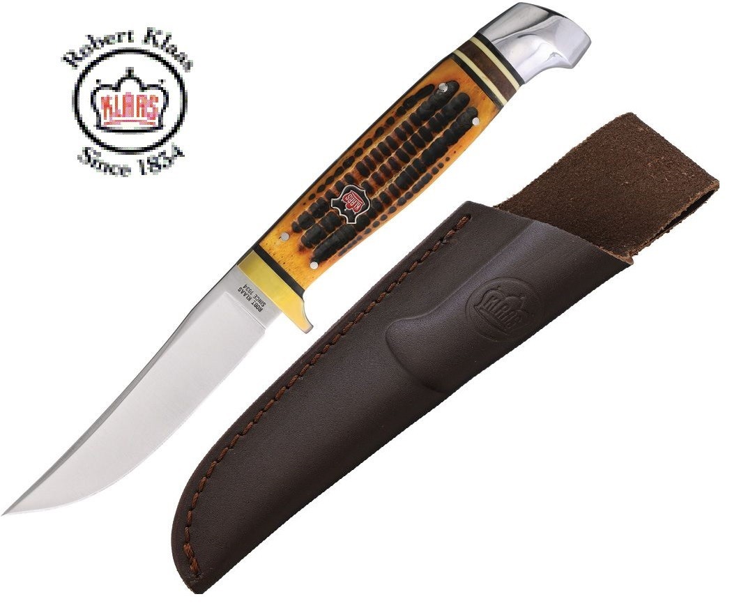Robert Klaas Knife Medium Hunter Amber Bone Handle with Leather Belt Sheath