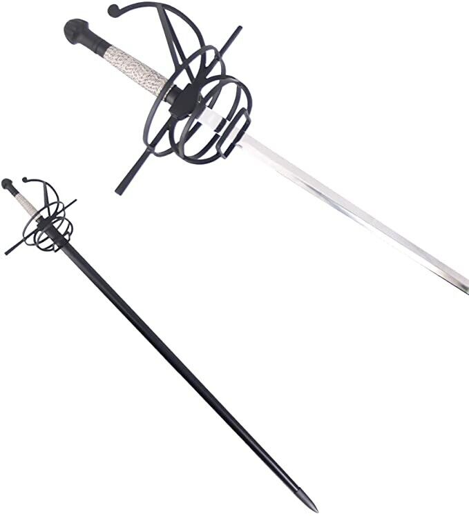 Black Wire Wrapped Handle Rapier Spiral Sword with Matching Scabbard