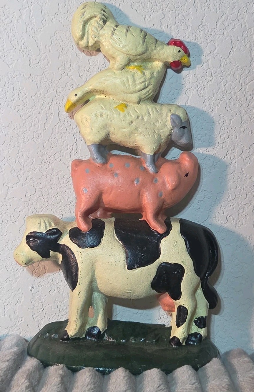 Vtg Barnyard Cast Iron Door Stop Stacked Farm Animals Cow Pig Sheep Duck Chicken