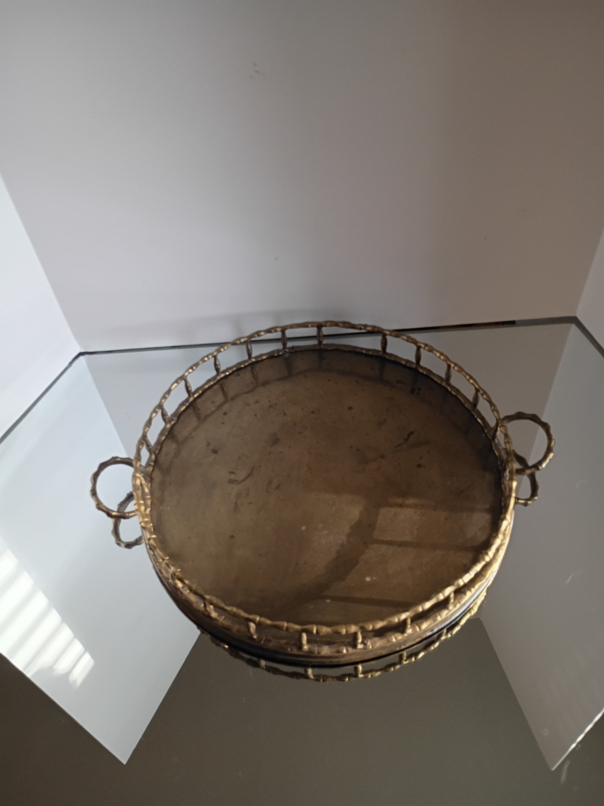 Vintage Brass Faux Bamboo  Vanity Tray  Round with Handles MCM Regency 12\