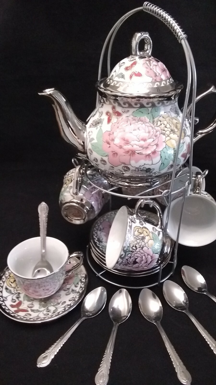 20 Piece Tea Set Tea Pot 6 Cups w Saucers w/ Rack Silver Multi Style 3 oz Cups 