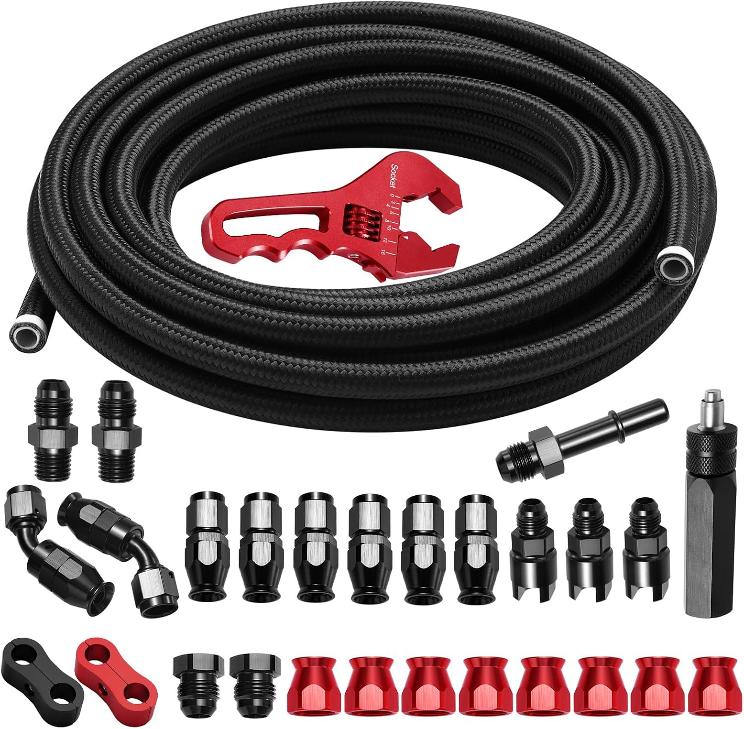 6AN PTFE Fuel Line Kit, 25FT Nylon Braided PTFE Hose & 6AN Fitting