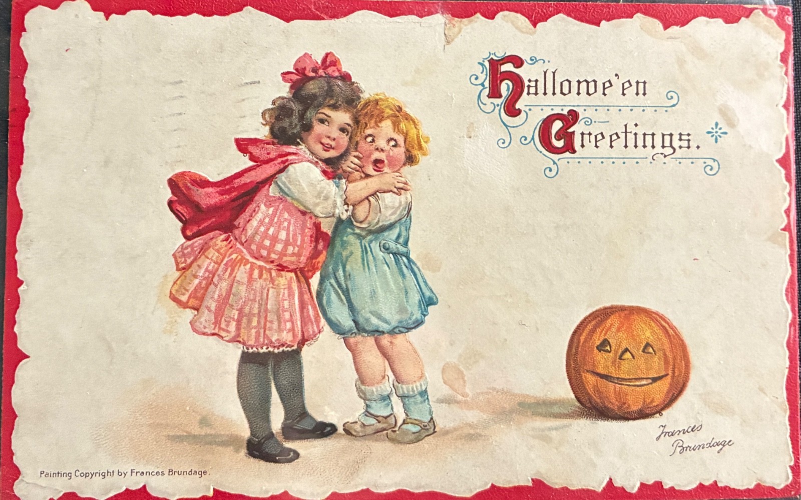Antique Halloween Postcard ~ Boy Girl   Pumpkin JOL ~ Brundage #121