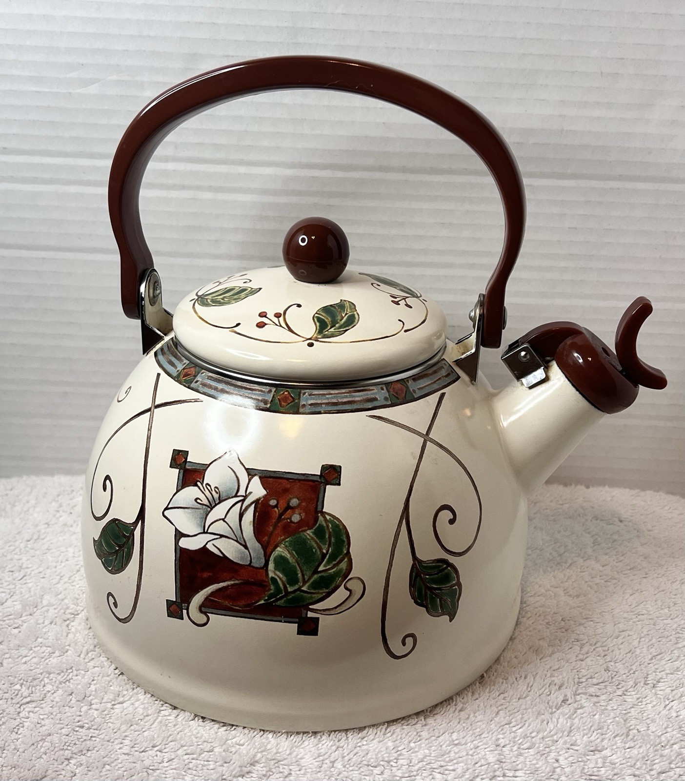 Vtg/1990s Pfaltzgraff Whistling Enamel Tea Kettle Mission Flower/Cottage Core Vtg/1990s Pfaltzgraff Whistling Enamel Tea Kettle Mission Flower/Cottage Core