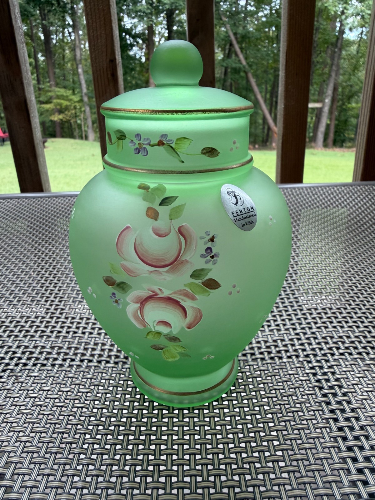VINTAGE FENTON GREEN SATIN GLASS ROSES GINGER Lidded JAR hand painted/signed