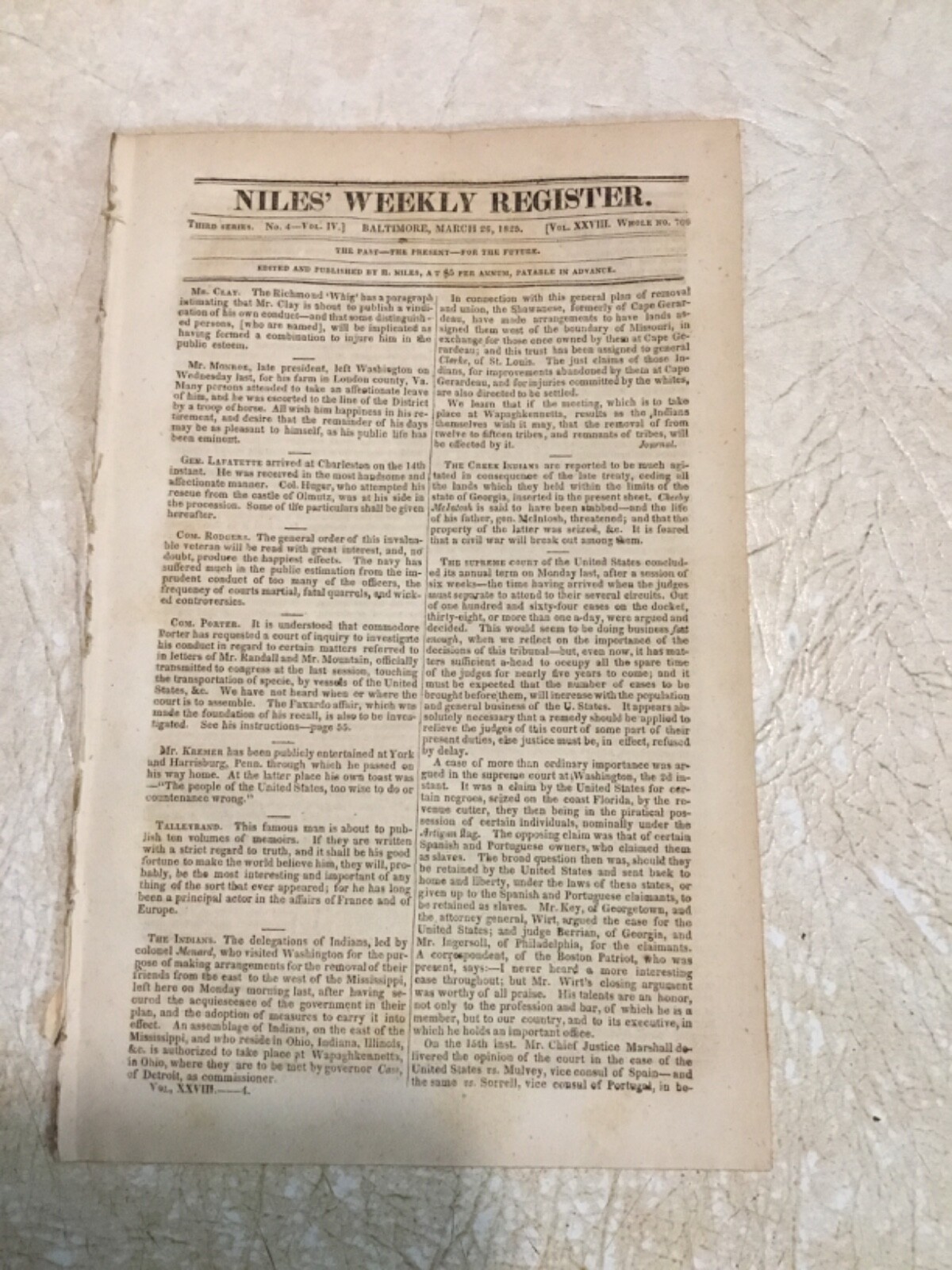 RARE 1825 NEWSPAPER NIEL’S WEEKLY BALTIMORE MARYLAND USA SLAVE TRADE