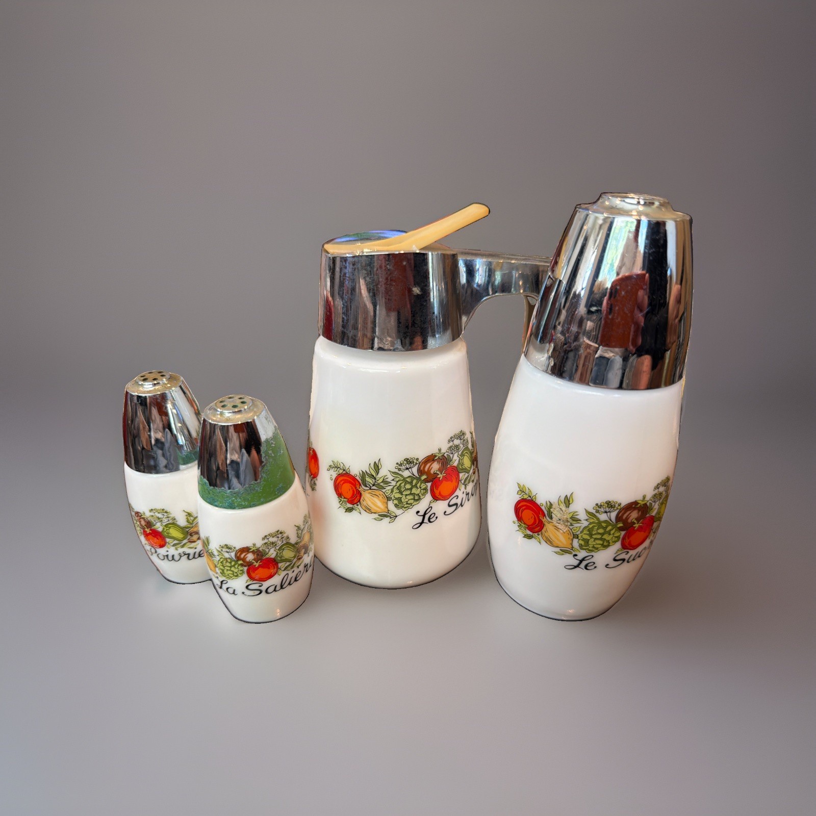 Vintage Gemco Spice of Life Shakers 4pc Salt Pepper Syrup Sugar MISSING PART