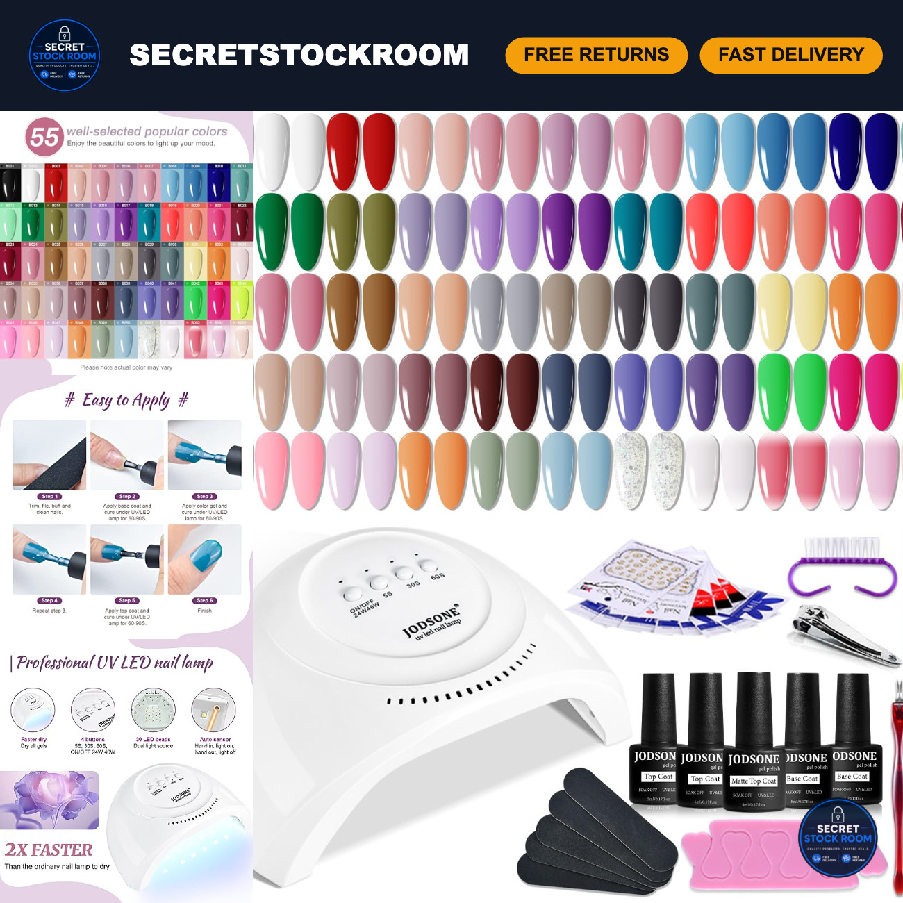 JODSONE Gel Nail Polish Kit 60 PCS with U V Light Soak off Base Top Coat 55 Shin