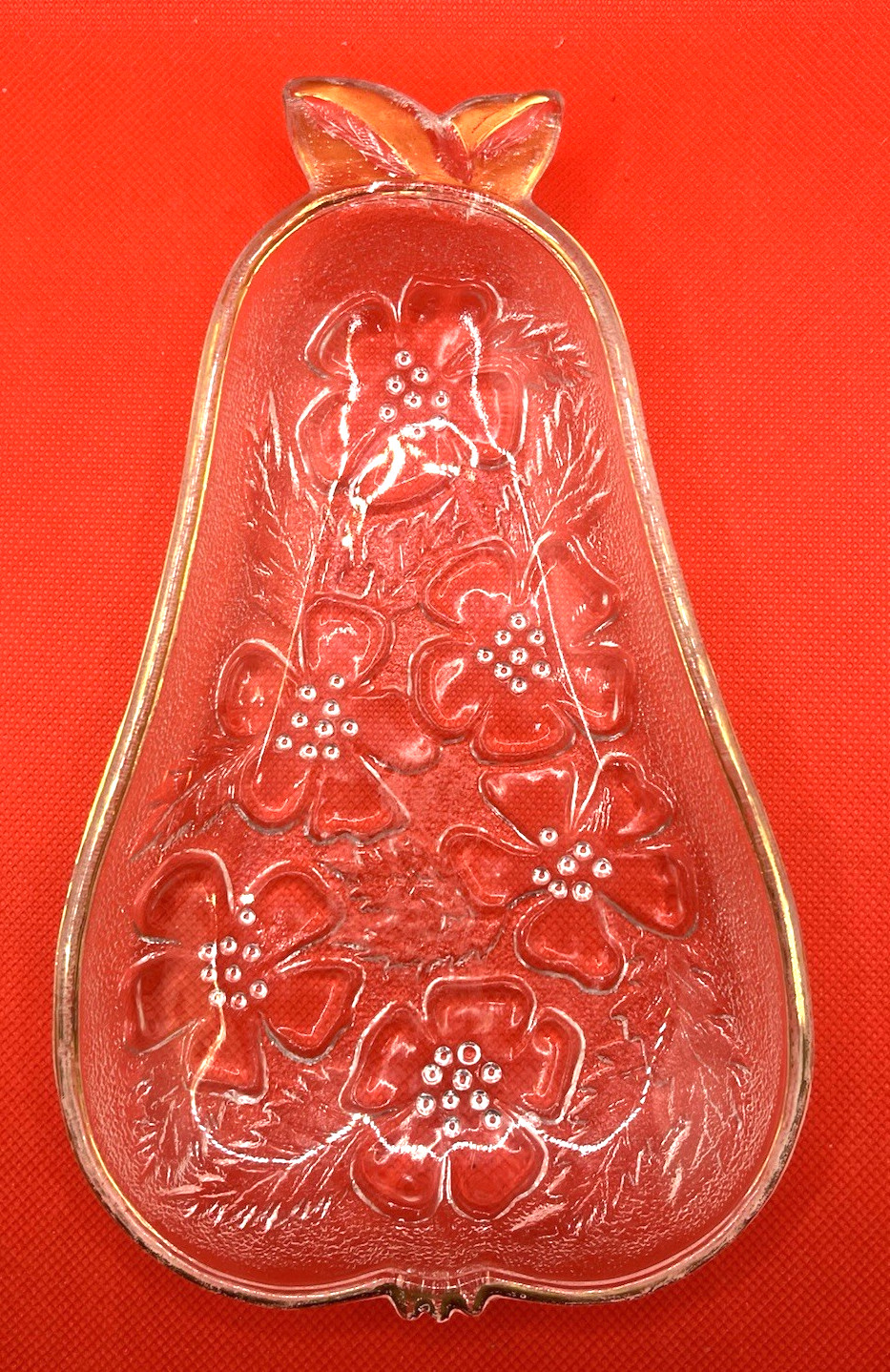 Pressed Glass Pear Dish 8” Floral Pattern Gold-Tone Trim Trinket Bowl