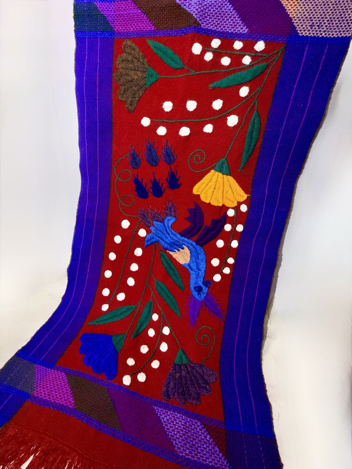 Vintage Chiapas Mexican Hand Embroidered Table Runner Folk Art Birds Flowers Red