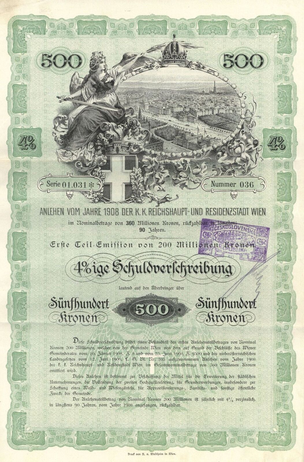1908 dated Austrian Kronen Bond - 500 Kronen Green Type - Foreign Bonds