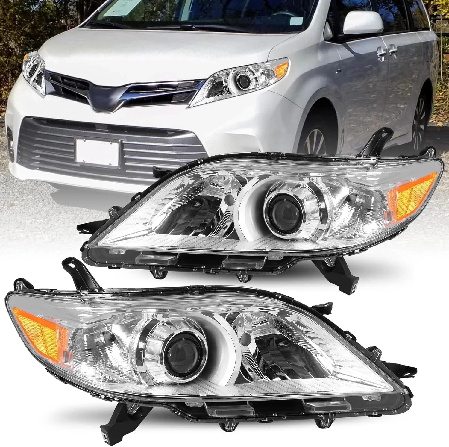 W/O LED DRL Halogen Headlight Assembly Compatible with 2011-2020 Toyota Sienna C