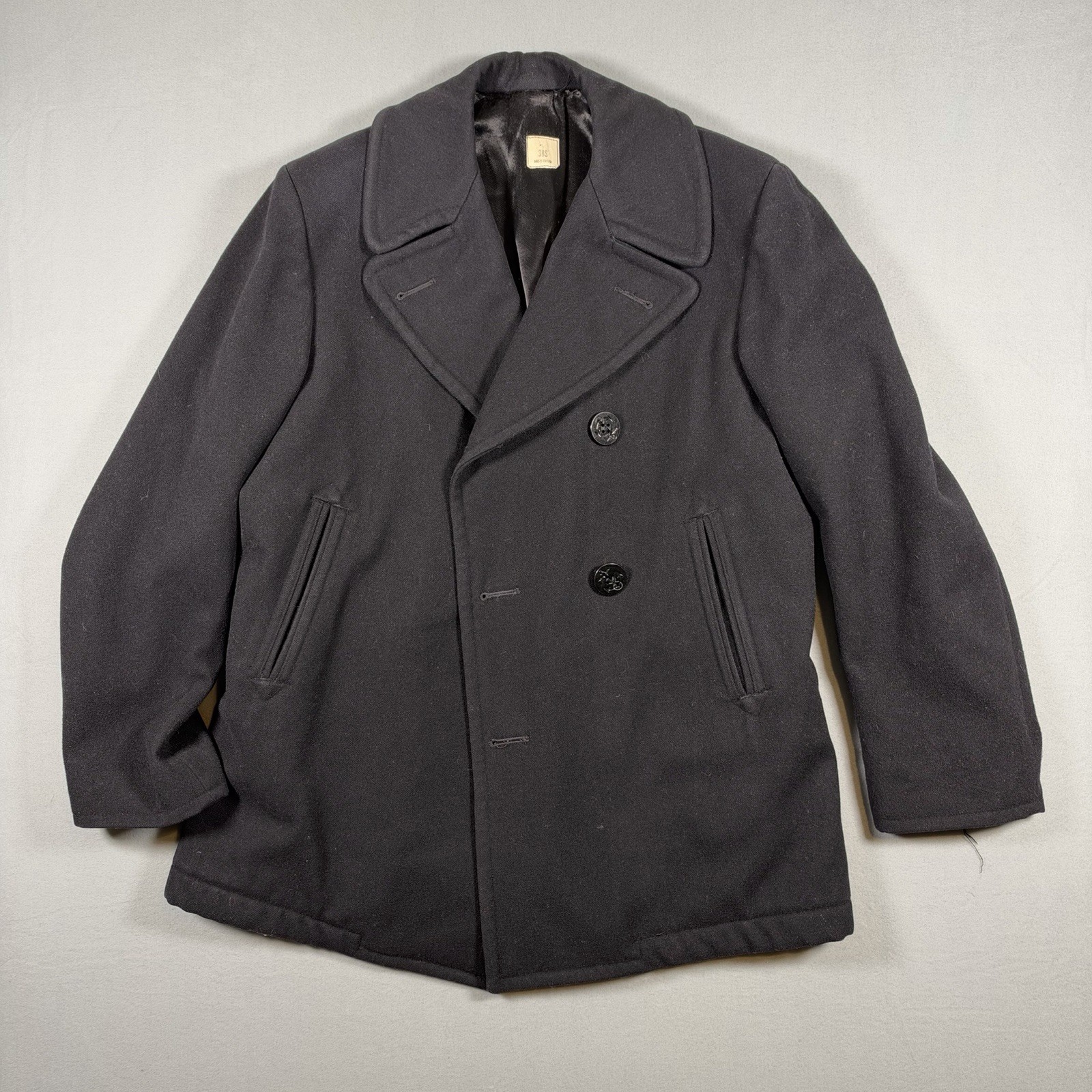 80s Vintage US Navy Men’s Coat Size 38S Black  Officer Overcoat Peacoat Wool 