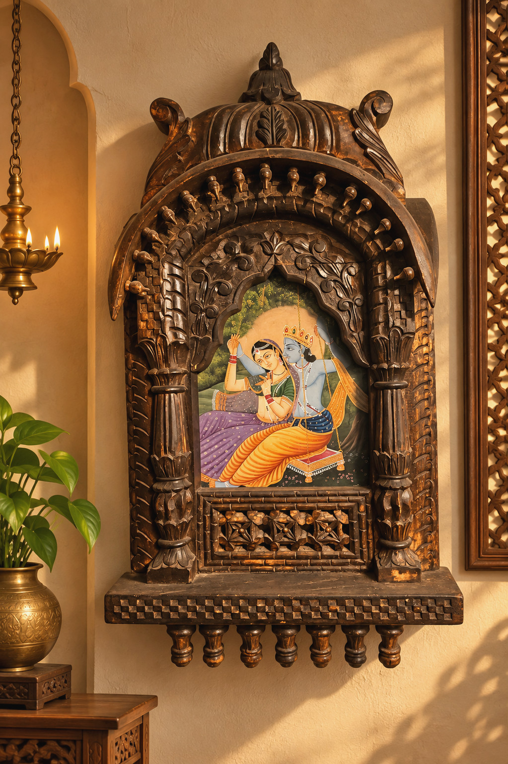 Hand Carved Wooden Hindu Temple Mandir Shrine Radha Krishna Wall Hanging Decor
